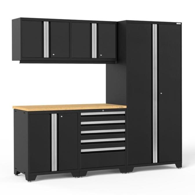 Newage Products Pro 3.0 Series 6-Piece Garage Cabinet Set-64051-Black-Bamboo Worktop-None-Garage Giant