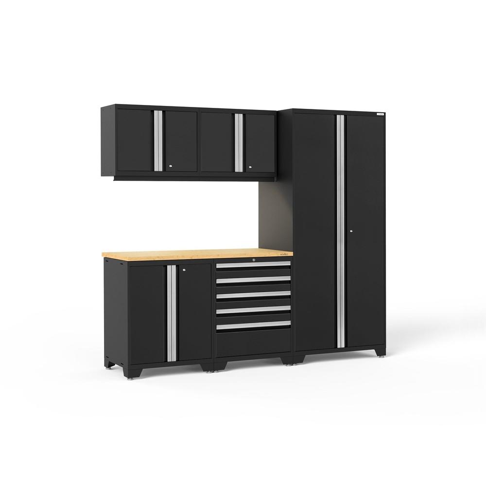 Newage Products Pro 3.0 Series 6-Piece Garage Cabinet Set-64052-Black-Bamboo Worktop-LED Lights-Garage Giant