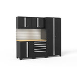Newage Products Pro 3.0 Series 6-Piece Garage Cabinet Set-64056-Black-Bamboo Worktop-LED Lights + Slatwall Backsplash-Garage Giant 