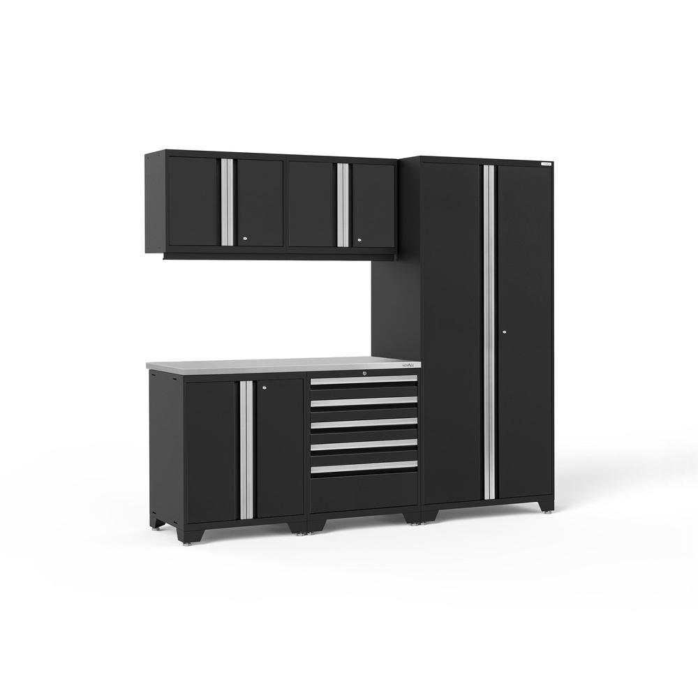 Newage Products Pro 3.0 Series 6-Piece Garage Cabinet Set-64053-Black-Stainless Steel Worktop-None-Garage Giant
