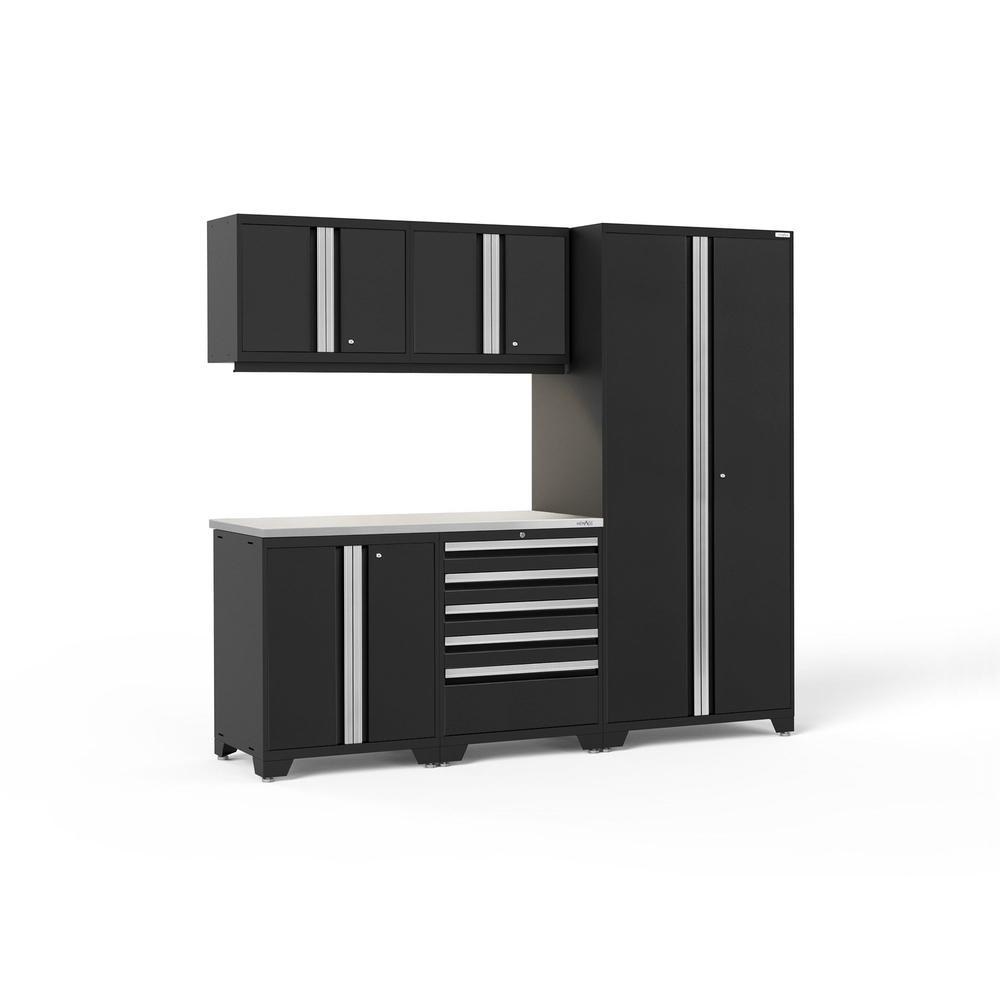 Newage Products Pro 3.0 Series 6-Piece Garage Cabinet Set-64054-Black-Stainless Steel Worktop-LED Lights-Garage Giant