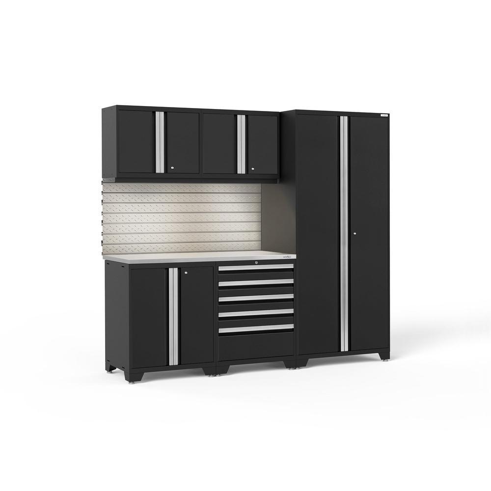 Newage Products Pro 3.0 Series 6-Piece Garage Cabinet Set-64058-Black-Stainless Steel Worktop-LED Lights + Slatwall Backsplash-Garage Giant
