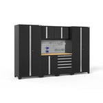 Newage Products Pro 3.0 Series 7-Piece Garage Cabinet Set-64076-Black-Bamboo Worktop-Slatwall Backsplash + 12-Piece Hook Kit-Garage Giant 