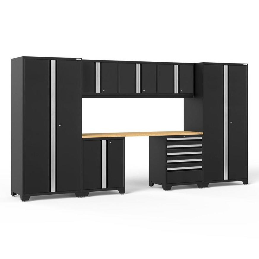 Newage Products Pro 3.0 Series 8-Piece Garage Cabinet Set-64104-Black-Bamboo Worktop-None-Garage Giant