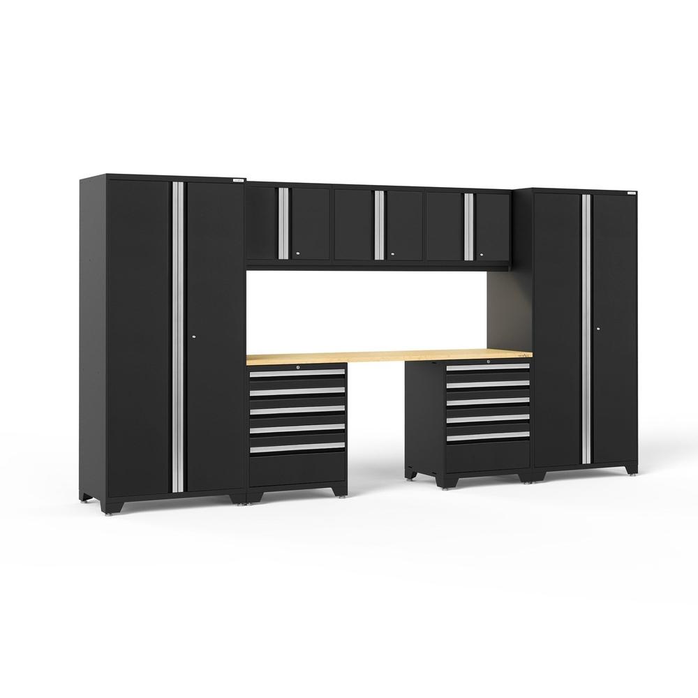 Newage Products Pro 3.0 Series 8-Piece Garage Cabinet Set With 2X 5-Drawer Tool Cabinets-64123-Black-Bamboo Worktop-LED Lights-Garage Giant