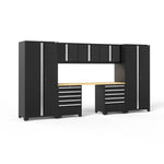 Newage Products Pro 3.0 Series 8-Piece Garage Cabinet Set With 2X 5-Drawer Tool Cabinets-64123-Black-Bamboo Worktop-LED Lights-Garage Giant 