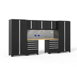 Newage Products Pro 3.0 Series 8-Piece Garage Cabinet Set With 2X 5-Drawer Tool Cabinets-64146-Black-Bamboo Worktop-LED Lights + Slatwall Backsplash + 12-Piece Hook Kit-Garage Giant 
