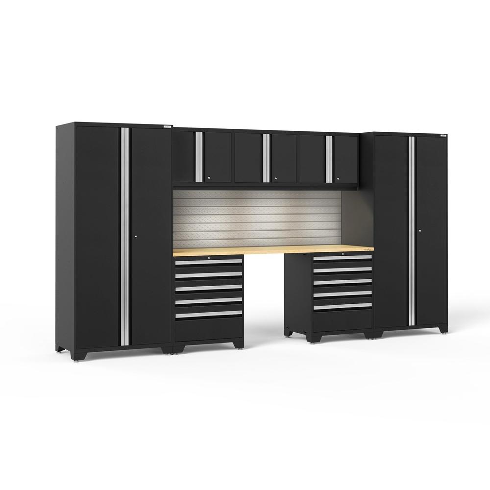 Newage Products Pro 3.0 Series 8-Piece Garage Cabinet Set With 2X 5-Drawer Tool Cabinets-64127-Black-Bamboo Worktop-LED Lights + Slatwall Backsplash-Garage Giant