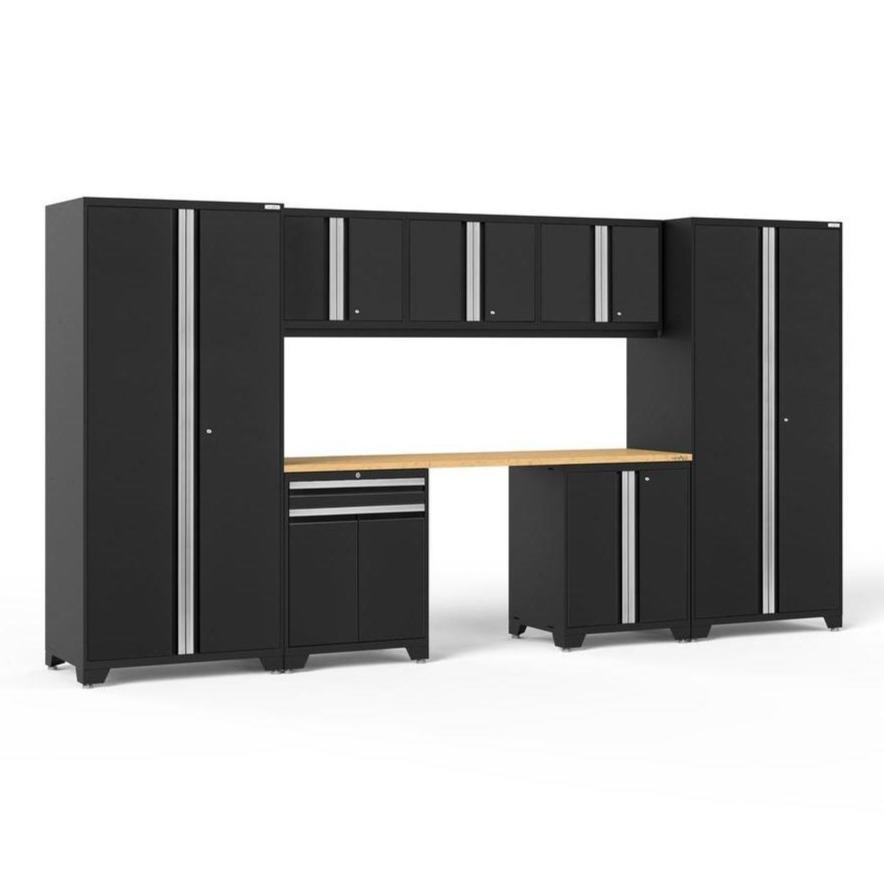 Newage Products Pro 3.0 Series 8-Piece Garage Cabinet Set With Multi-Function Cabinet-64116-Black-Bamboo Worktop-None-Garage Giant
