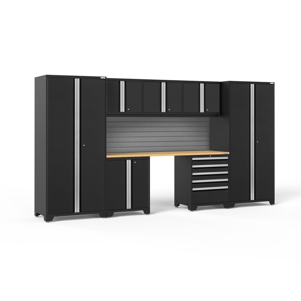 Newage Products Pro 3.0 Series 8-Piece Garage Cabinet Set-64108-Black-Bamboo Worktop-Slatwall Backsplash-Garage Giant