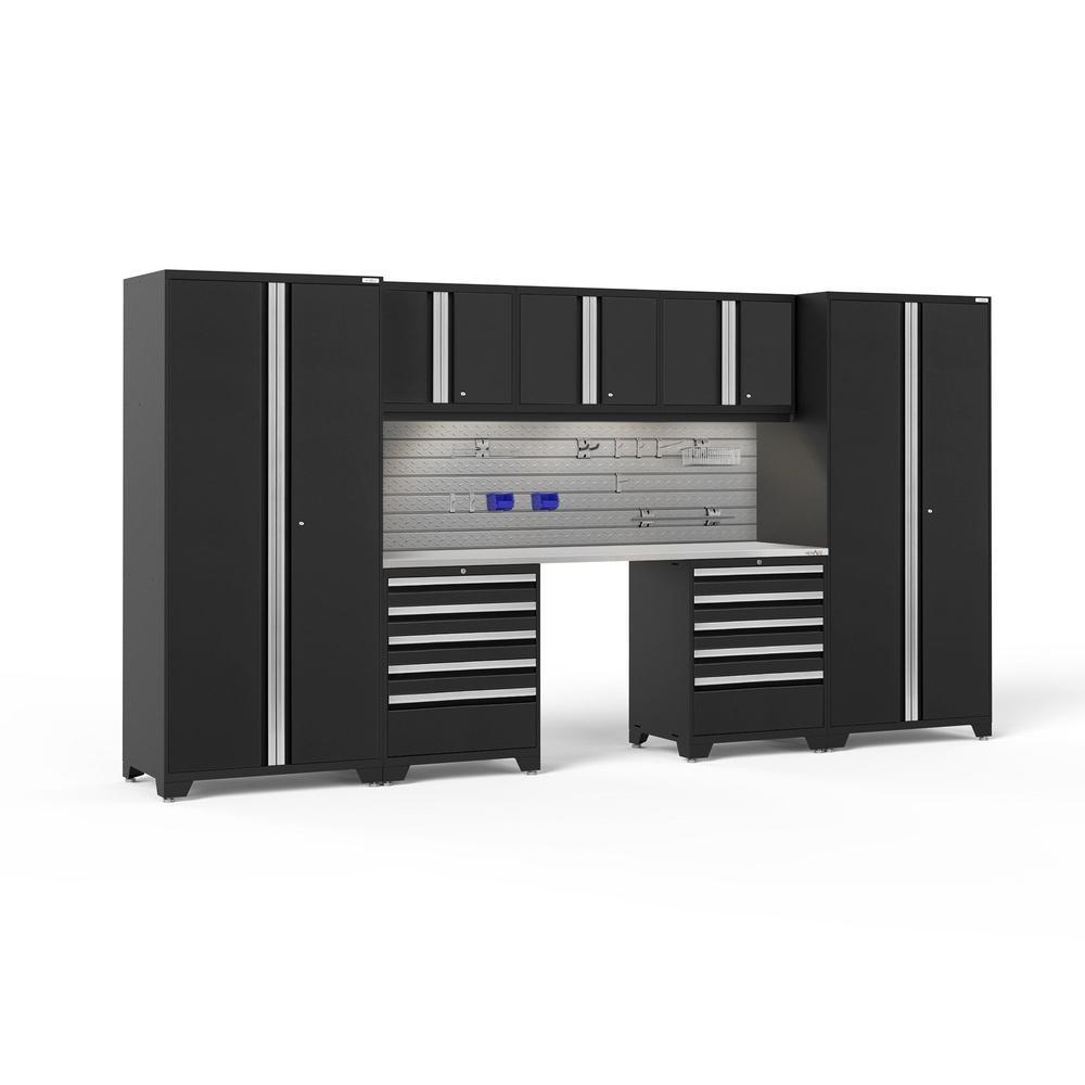 Newage Products Pro 3.0 Series 8-Piece Garage Cabinet Set With 2X 5-Drawer Tool Cabinets-64171-Black-Stainless Steel Worktop-LED Lights + Slatwall Backsplash + 12-Piece Hook Kit-Garage Giant
