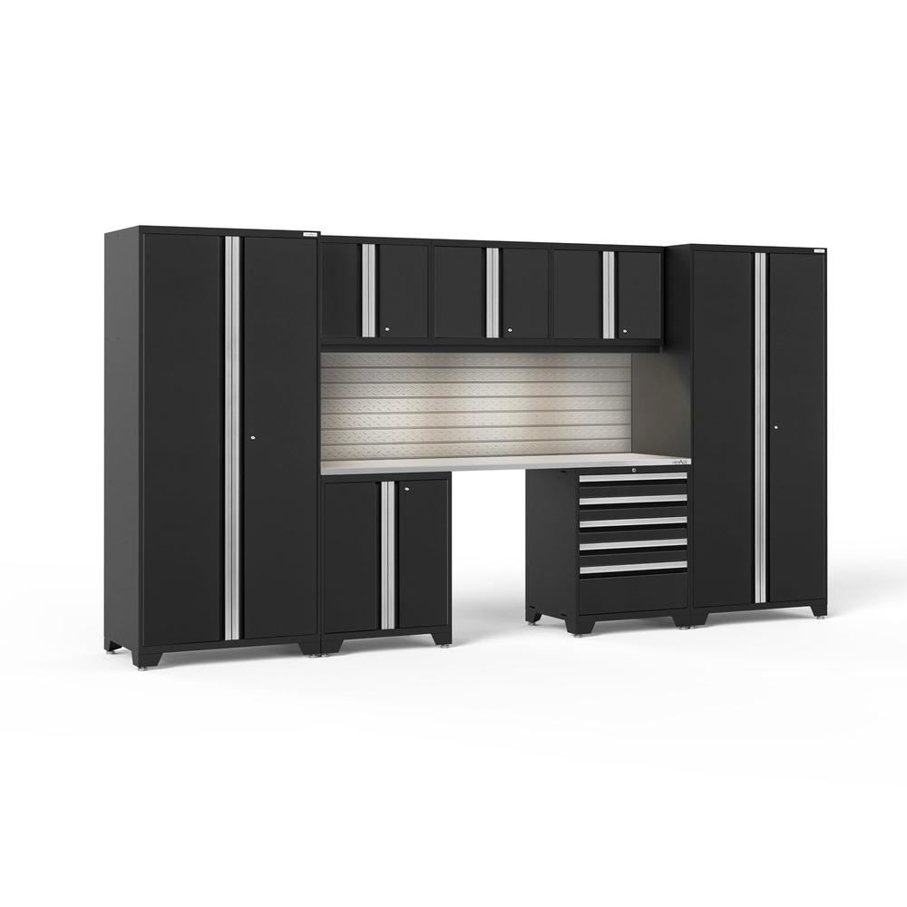 Newage Products Pro 3.0 Series 8-Piece Garage Cabinet Set-64111-Black-Stainless Steel Worktop-LED Lights + Slatwall Backsplash-Garage Giant