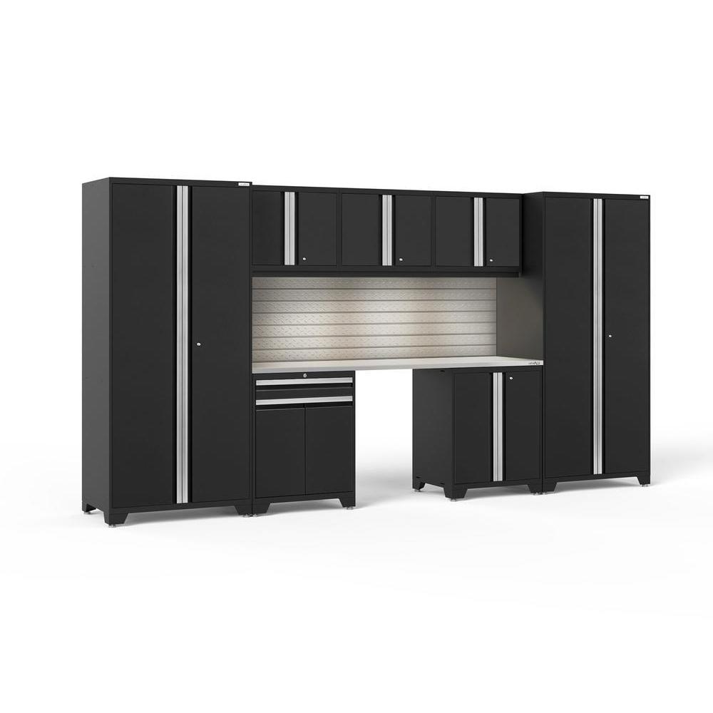 Newage Products Pro 3.0 Series 8-Piece Garage Cabinet Set With Multi-Function Cabinet-64121-Black-Stainless Steel Worktop-LED Lights + Slatwall Backsplash-Garage Giant
