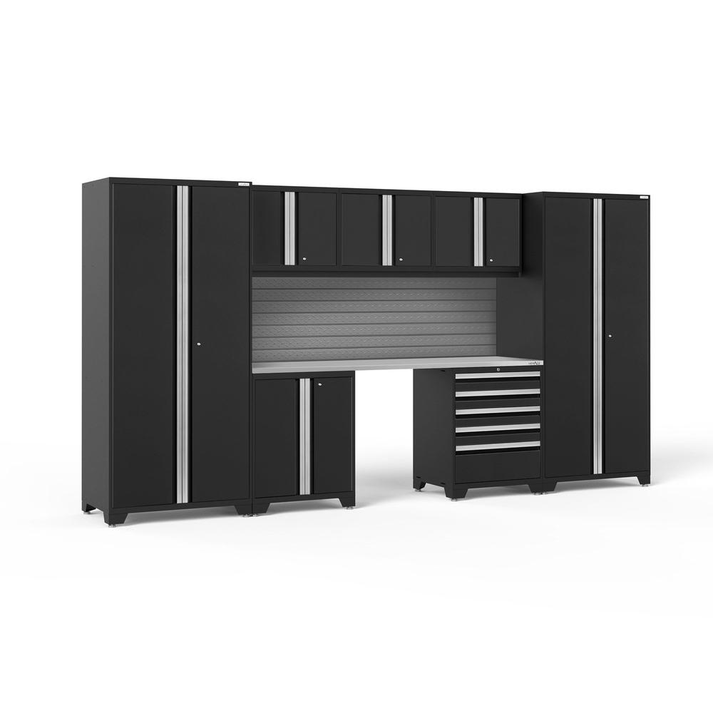Newage Products Pro 3.0 Series 8-Piece Garage Cabinet Set-64110-Black-Stainless Steel Worktop-Slatwall Backsplash-Garage Giant