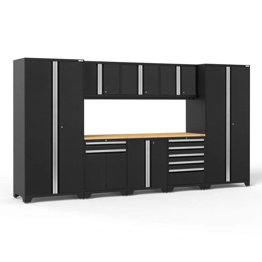 Newage Products Pro 3.0 Series 9-Piece Garage Cabinet Set With Multi-Function Cabinet-64180-Black-Bamboo Worktop-None-Garage Giant