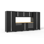 Newage Products Pro 3.0 Series 9-Piece Garage Cabinet Set With Multi-Function Cabinet-64181-Black-Bamboo Worktop-LED Lights-Garage Giant 