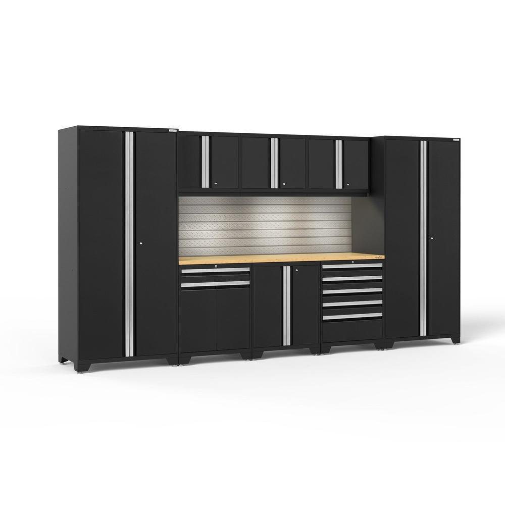 Newage Products Pro 3.0 Series 9-Piece Garage Cabinet Set With Multi-Function Cabinet-64186-Black-Bamboo Worktop-LED Lights + Slatwall Backsplash-Garage Giant