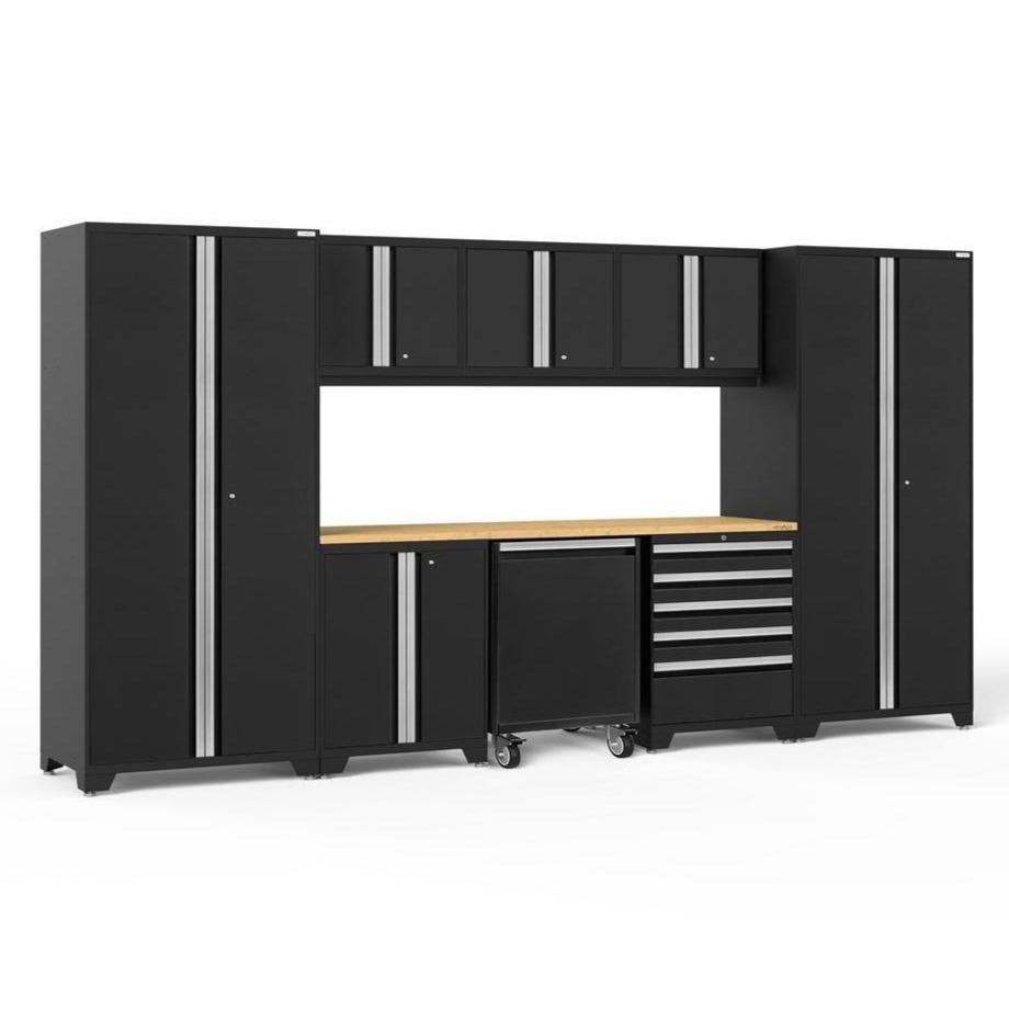 Newage Products Pro 3.0 Series 9-Piece Garage Cabinet Set With Utility Cart-64343-Black-Bamboo Worktop-Garage Giant