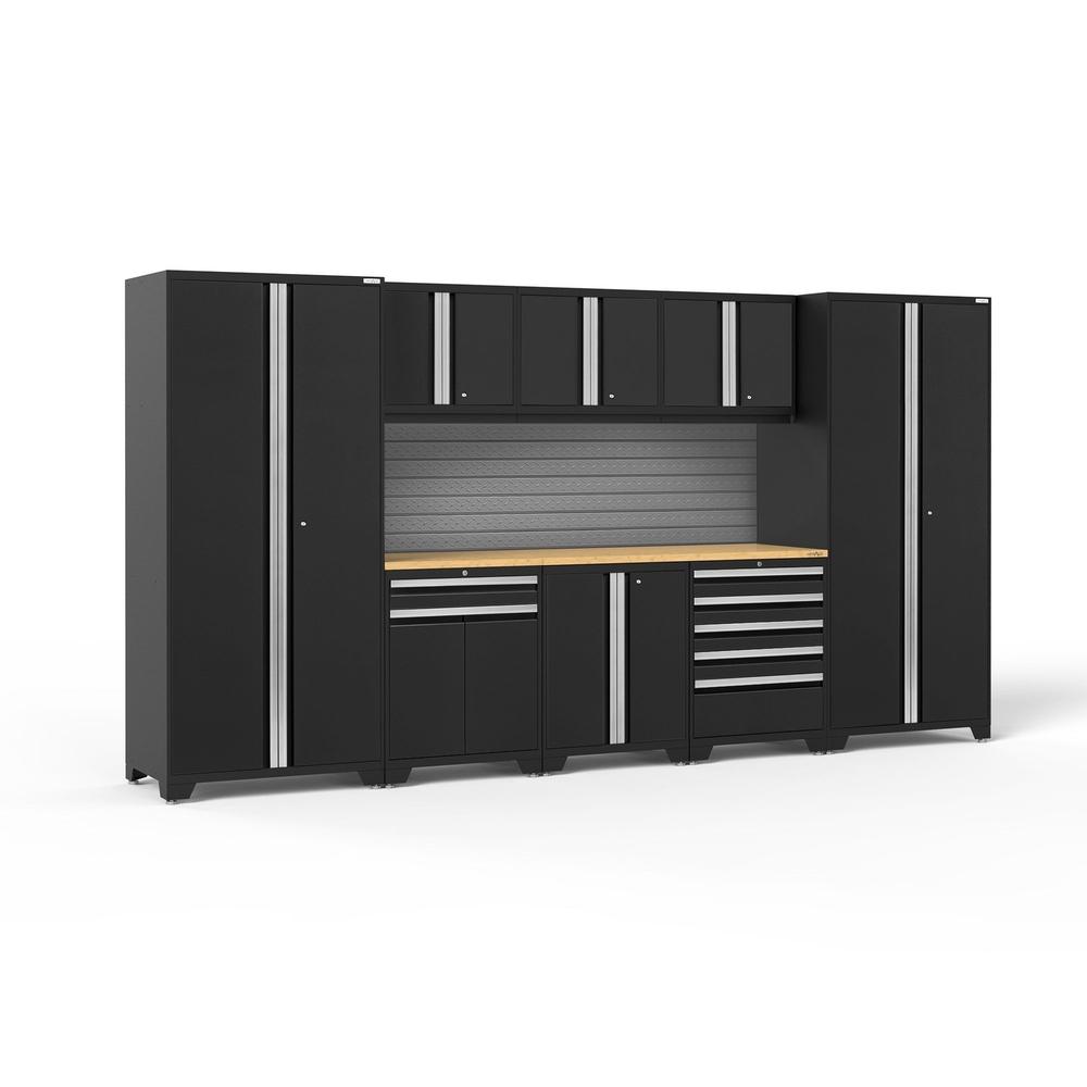 Newage Products Pro 3.0 Series 9-Piece Garage Cabinet Set With Multi-Function Cabinet-64185-Black-Bamboo Worktop-Slatwall Backsplash-Garage Giant