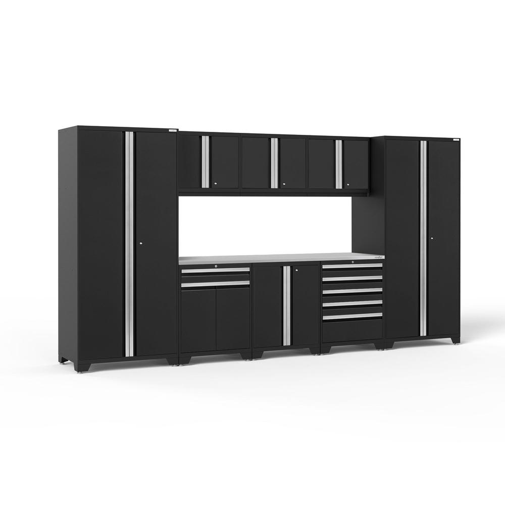 Newage Products Pro 3.0 Series 9-Piece Garage Cabinet Set With Multi-Function Cabinet-64182-Black-Stainless Steel Worktop-None-Garage Giant