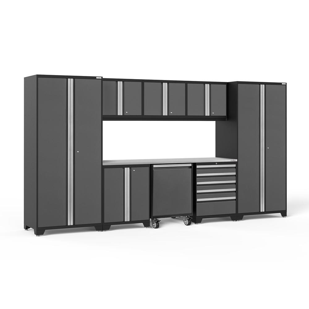 Newage Products Pro 3.0 Series 9-Piece Garage Cabinet Set With Utility Cart-56852-Grey-Stainless Steel Worktop-Garage Giant