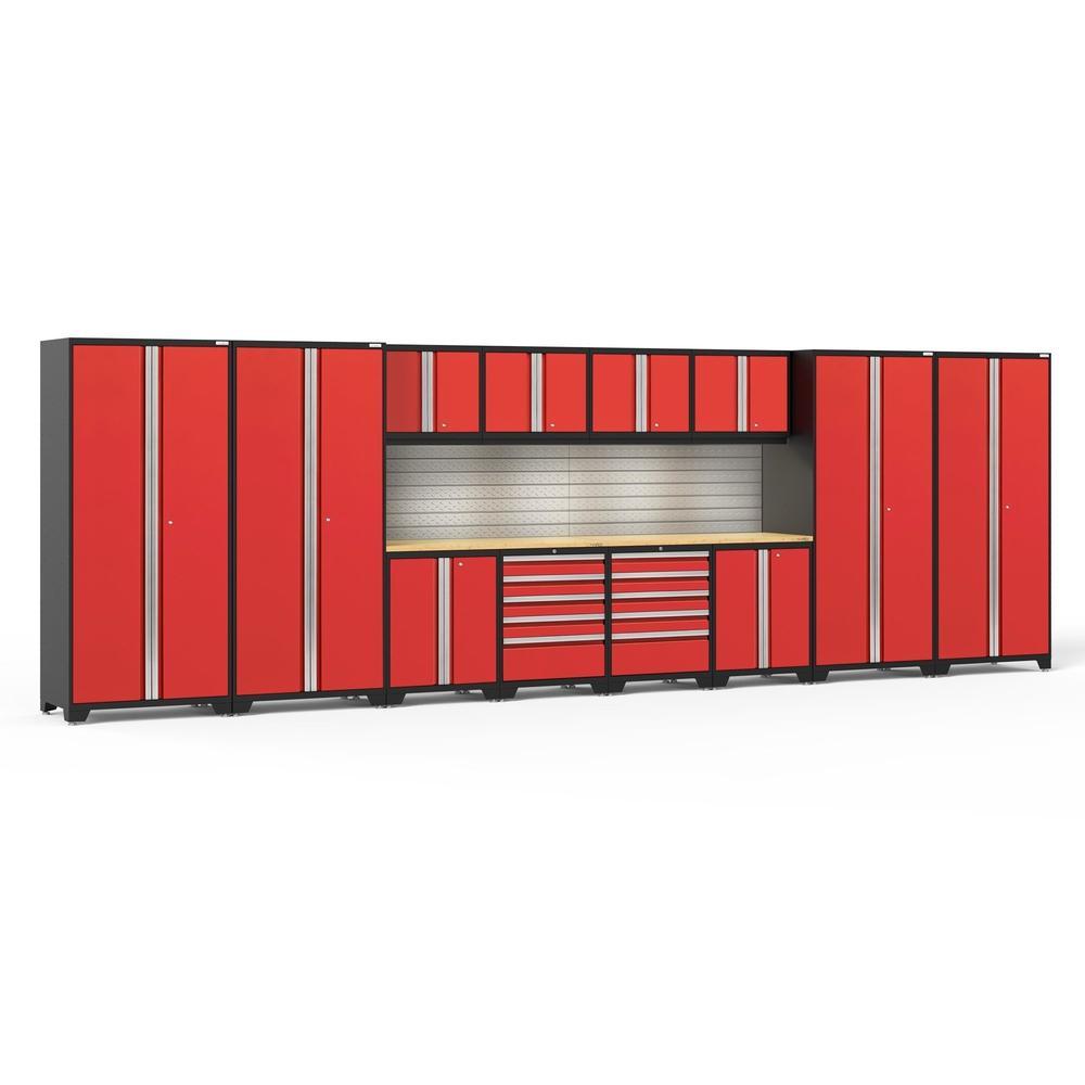 Newage Products Pro 3.0 Series 14-Piece Garage Cabinet Set-58748-Red-Bamboo Worktop-LED Lights + Slatwall Backsplash-Garage Giant
