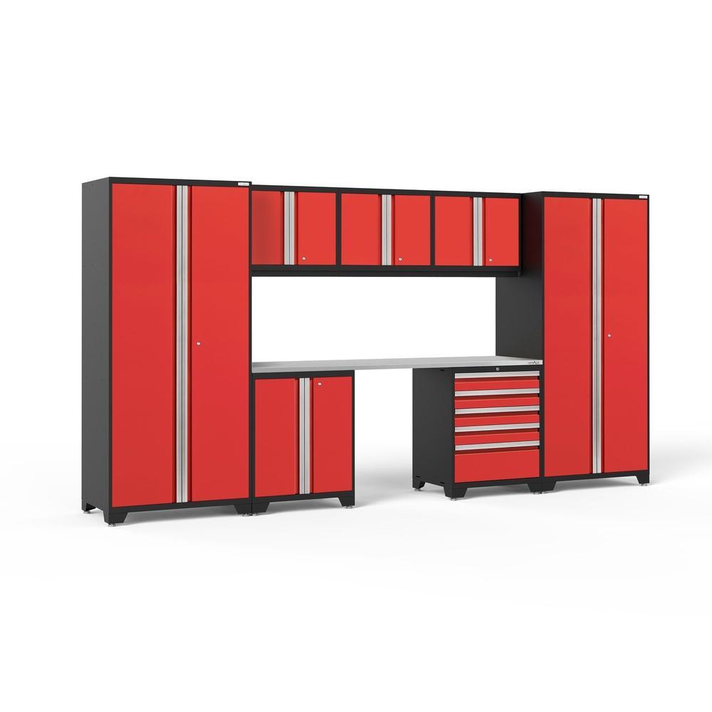 Newage Products Pro 3.0 Series 8-Piece Garage Cabinet Set-52262-Red-Stainless Steel Worktop-None-Garage Giant