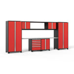 Newage Products Pro 3.0 Series 9-Piece Garage Cabinet Set With 56" Integrated Display Shelf-55972-Red-Stainless Steel Worktop-Garage Giant 