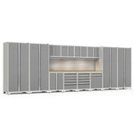 Newage Products Pro 3.0 Series 14-Piece Garage Cabinet Set With Multi-Function Cabinet-58918-Platinum-Bamboo Worktop-LED Lights + Slatwall Backsplash-Garage Giant 