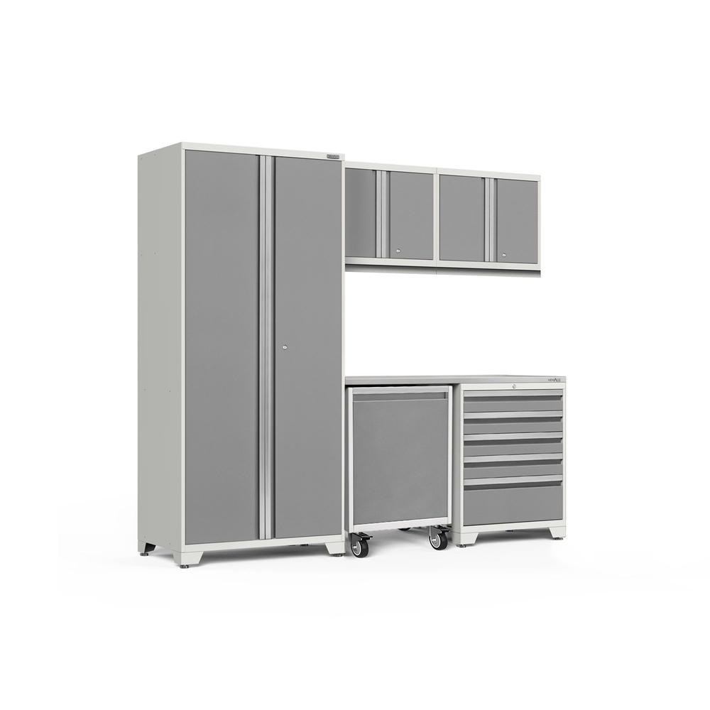 Newage Products Pro 3.0 Series 6-Piece Garage Cabinet Set With Utility Cart-55980-Platinum-Stainless Steel Worktop-Garage Giant