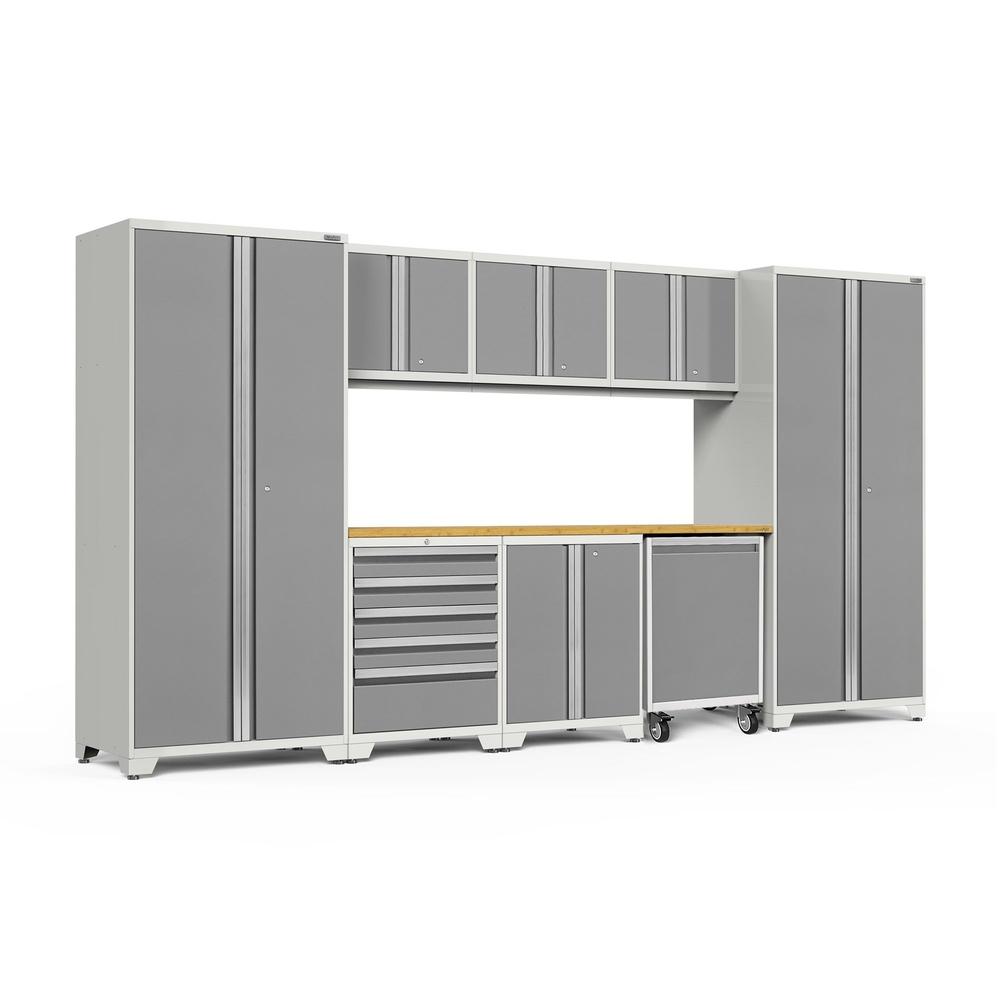 Newage Products Pro 3.0 Series 9-Piece Garage Cabinet Set With Utility Cart-56855-Platinum-Bamboo Worktop-Garage Giant